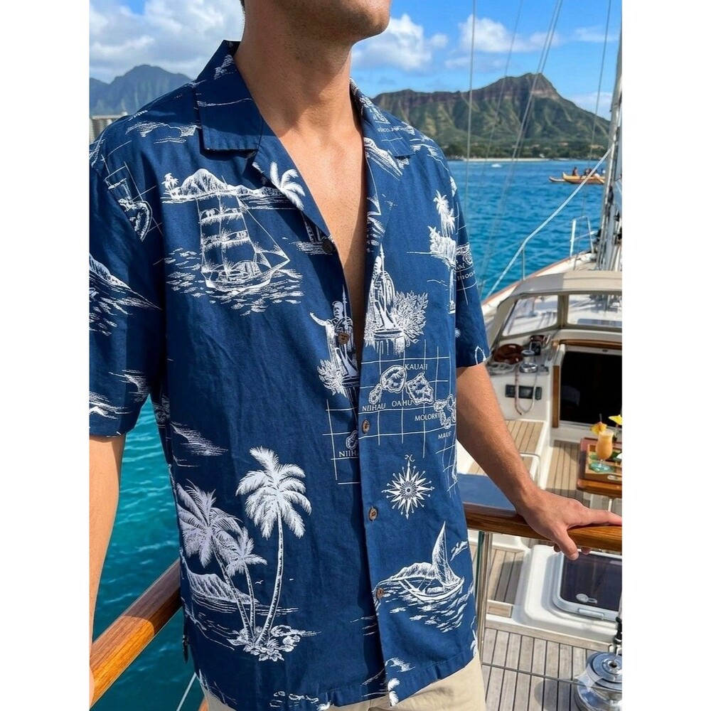 Royal Creations Mens Blue Hawaiian Shirt Vacation Dadcore L